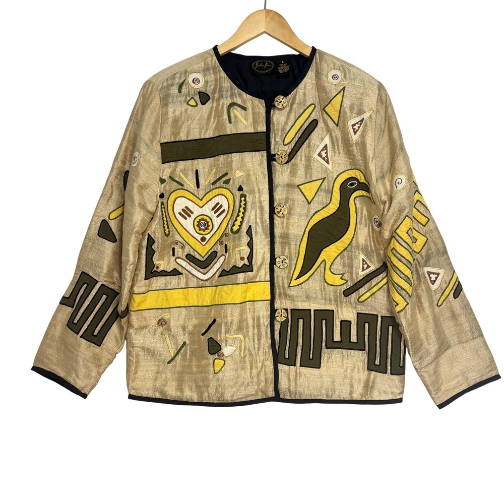 Julia Kin Silk Jacket Gold Abstract Embroidered Bird Heart Art To Wear Vtg 90s L